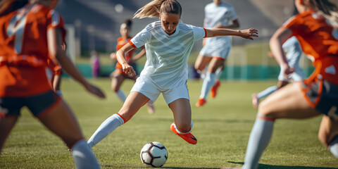 A female soccer player dribbling the ball past opponents on an outdoor field.