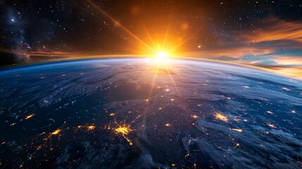 From space, a panoramic view of the Earth globe. City lights are reflected in light clouds and reflected in the sky.