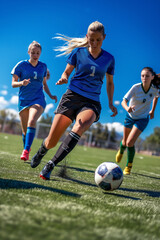 Fototapeta premium A female soccer player dribbling the ball past opponents on an outdoor field in sunny day.