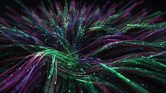 3D render seamless loop animation vibrant optical fiber purple and green color walpapper background