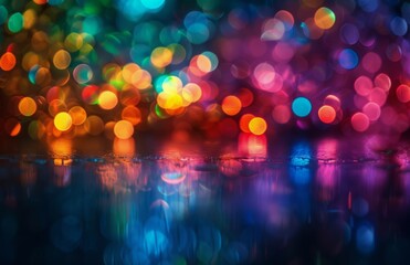 Colorful Bokeh Reflections on Wet Surface at Night
