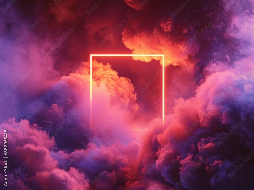 Poster the image was rendered in 3d with an abstract minimal background, pink blue neon light square frames