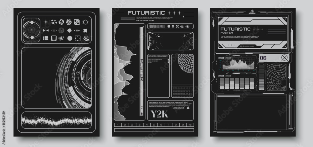 Poster futuristic hud poster set, user interface design. isolated vector black and gray sci-fi ui elements,