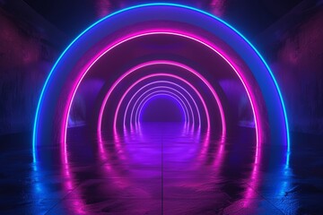 Fototapeta premium Abstract neon background, modern music performance stage, pink and blue lights, futuristic polygonal gate, glowing lines, blank banner, UV spectrum, laser show in 3D