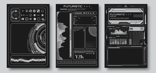 Futuristic HUD Poster Set, User Interface Design. Isolated Vector Black and Gray Sci-Fi UI Elements, Symbolizing Technology, and Innovation Concepts for Tech Projects. Grunge planet posters. Vector © ZinetroN