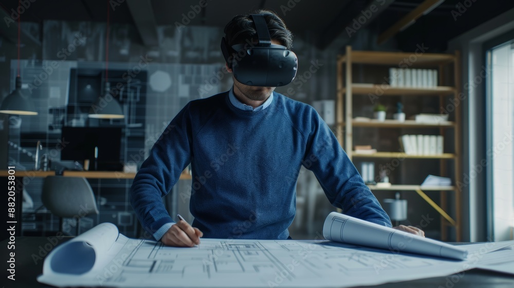 Poster a software engineer wears a virtual reality headset and manipulates components in augmented reality.