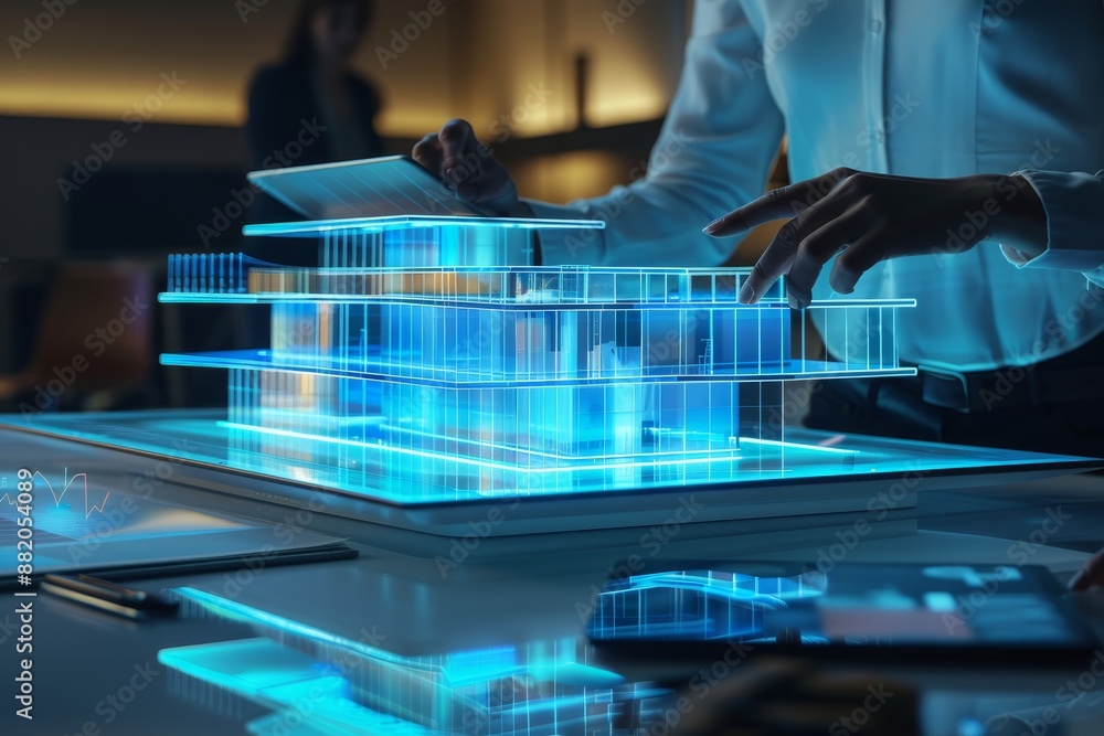 Poster 3d building sketch and digital tablet in the hands of an architect