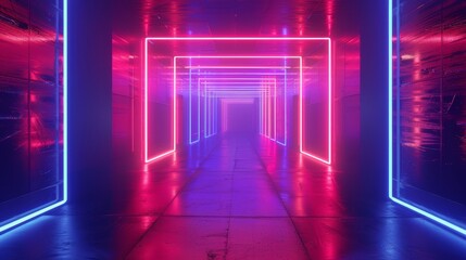 The image depicts a 3D render of neon light, black and white black and white background with glowing lines, the interior of a night club, a fashion podium on a stage, and an empty corridor in