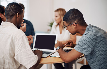 Team, meeting and laptop for discussion in office, coworking and process for creative collaboration. Business people, mockup space and editing book project in publishing, support and novel planning
