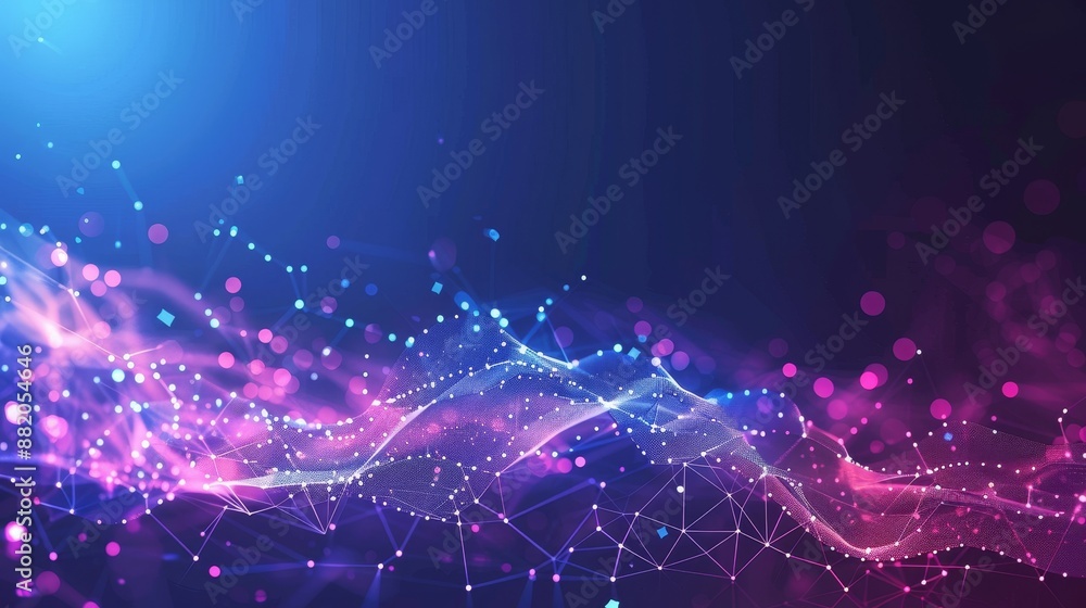 Poster featuring a cyber network grid and connected particles, this abstract background is blue and pink.