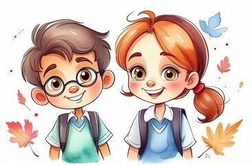 Set of Cute schoolboy and schoolgirl, set different poses. Cute boy and girl cartoon characters. September 1. Back to school concept