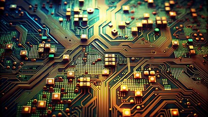 Obraz premium A close-up of a pixelated circuit board, showcasing the intricate design of electronic components in a vintage style. 