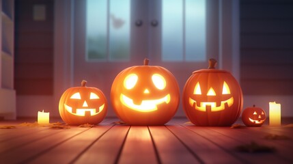 Fototapeta premium Lighted jack o'lanterns on a wooden floor for halloween, 3D illustration.