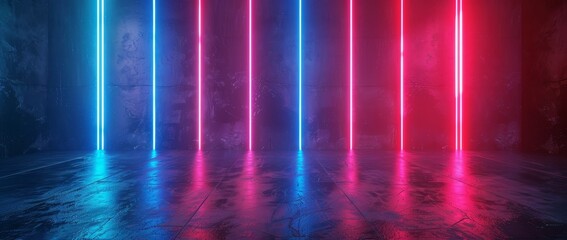 Abstract neon light background, red blue lines sequence, glowing arrows, holographic technology, virtual reality space, ultraviolet spectrum, laser show