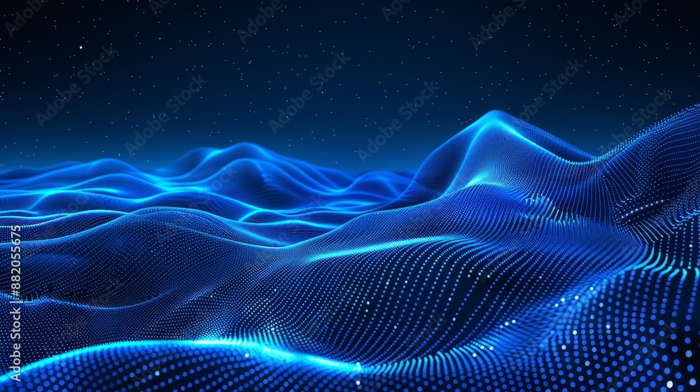 Poster digital particle wave flow in blue, abstracted digital cyberspace