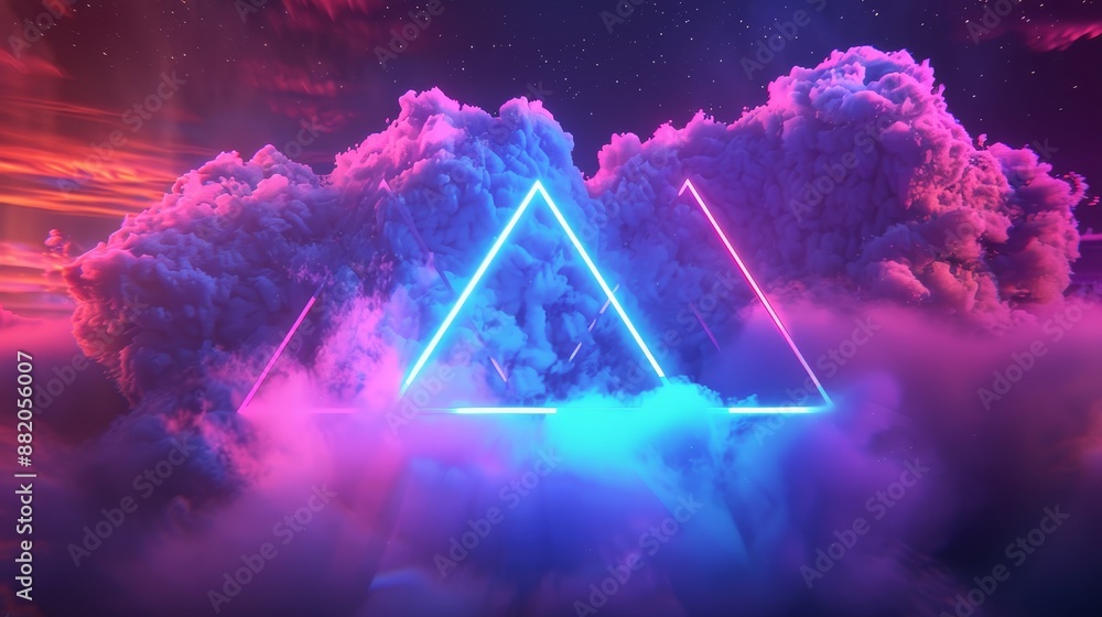 Poster 3d render of an abstract background with neon triangular shape in the night sky. stormy cumulus with
