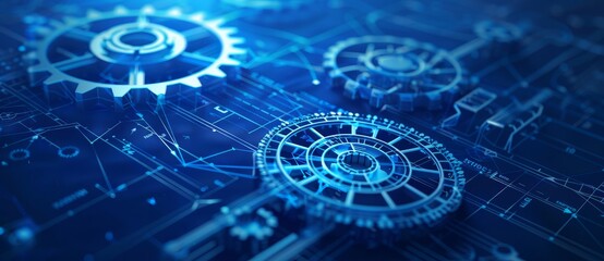 Fototapeta premium Engineer technician design drawing mechanical gear engineering engine factory industrial technology project abstract presentation cover banner background. 3D rendering.