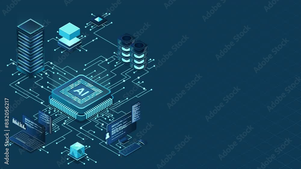Poster isometric artificial intelligence chip animation. artificial intelligence server. futuristic microch