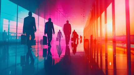 Fototapeta premium Silhouettes of administrators directing load processes, vibrant colors, 3D, dynamic composition, futuristic design