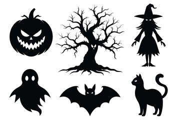 Set of halloween elements vector black silhouette design