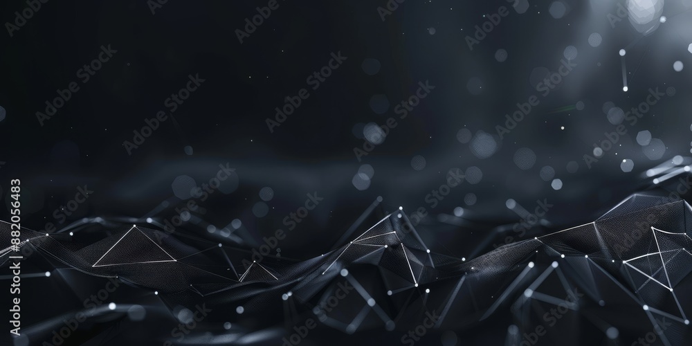 Poster abstract digital visualization of interconnected nodes in a dark space, representing technology and 