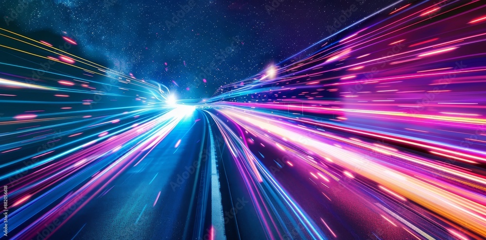 Poster the background is an abstract long exposure with dynamic speed light trails. ai generated image