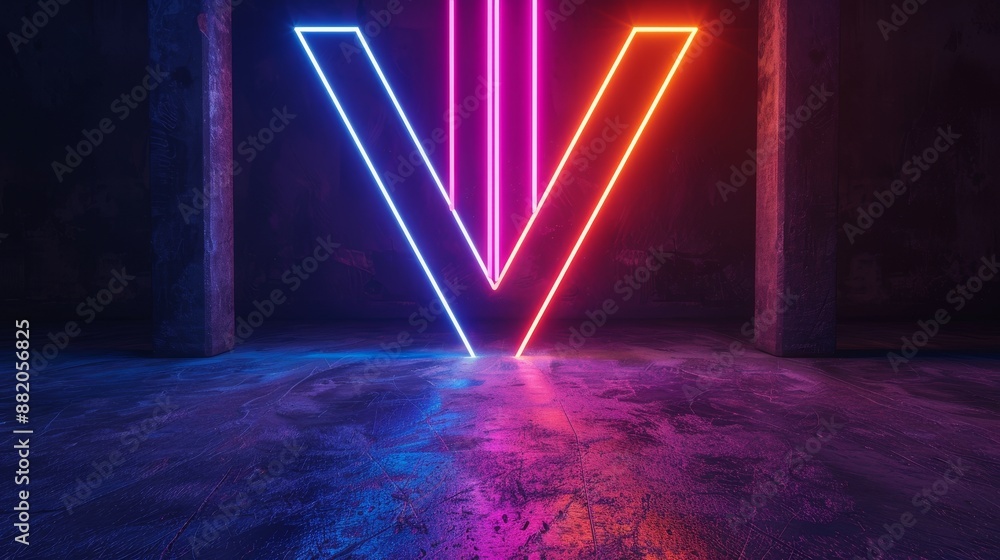 Poster abstract geometric background with a neon arrow. data transfer metaphor in 3d.