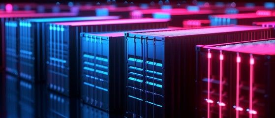 Geometric outlines of containers in a maritime depot, vibrant accents, digital rendering, hightech design, intricate details