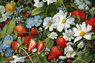 A Still Life of Strawberries, Daisies, and Blue Flowers