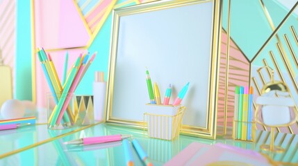 An elegant back-to-school scene with a gold-accented whiteboard, colorful markers, and a stylish desk organizer, set against a backdrop of pastel colors and gold geometric patterns.