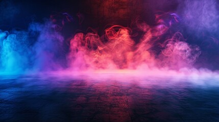 Fototapeta premium Awe inspiring wet asphalt scene with a neon reflection on a concrete floor. An empty stage at night with a dark abstract backdrop. Product showcase spotlights.