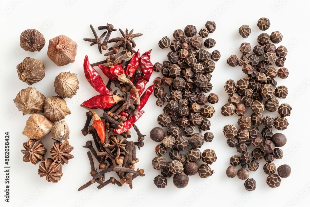 Poster A selection of different spices arranged on a clean white surface, suitable for photography or cooking demonstrations