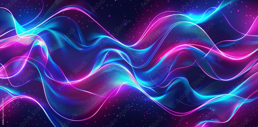 Poster an abstract background with pink blue glowing neon lines and bokeh lights. a concept for data transf