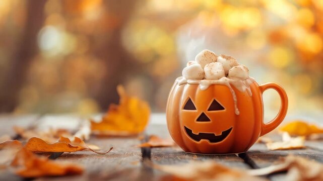 Orange pumpkin shaped mug with coffee and marshmallow on a wooden surface with fall leaves copy space. Cozy autumn concept. Video footage	
