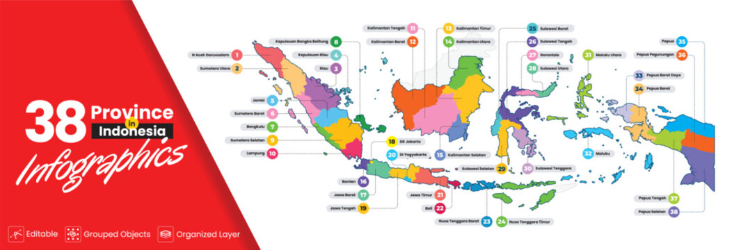 Map of Indonesia with details of 38 provinces. Displayed in different colors for each province to make it easier to understand, including infographics of province names in Indonesian and numbers.