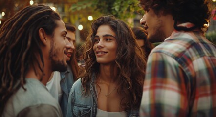 Young Woman Smiles at Two Men in a Bar at Night
