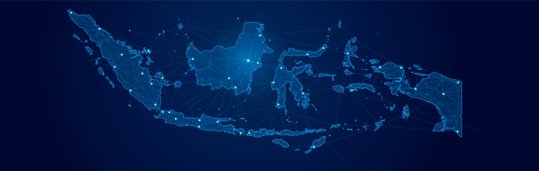 Indonesian network connections in blue. Point and line connection map concept. Modern communication connection concept design on blue background