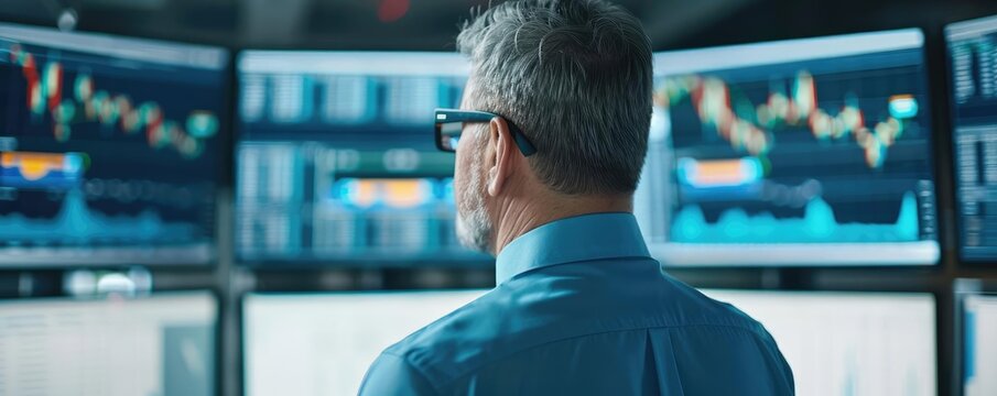 CEO and CFO reviewing exchange market trends on a digital board, enterprise financial planning and analysis