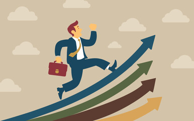 Career decisions: choosing future paths, opportunities, and directions for success. Businessman running towards different arrows symbolizing career growth options.