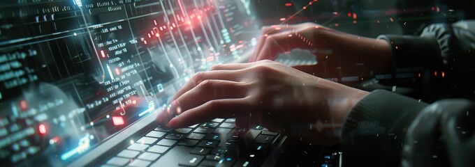 Gros plan de mains tapant sur un clavier d'ordinateur, entouré d'une interface numérique et d'un arrière-plan affichant du code.