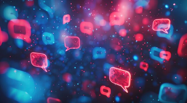 Bulles de dialogue abstraites color&eacute;es sur fond flou, concept de m&eacute;dias sociaux avec espace de copie, couleurs lumineuses, rendu 3d