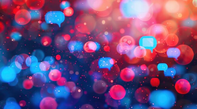 Fond num&eacute;rique abstrait avec des bulles de dialogue rouges et bleues flottant dans l'air, repr&eacute;sentant la communication sur les m&eacute;dias sociaux ou l'interaction en ligne.