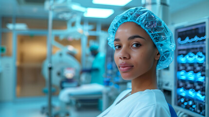 A portrait of an African American nurse in scrubs and hair cap, standing confidently inside the operating room with medical equipment visible behind