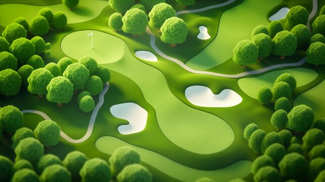 Aerial view of a lush green golf course with sand traps and trees.
