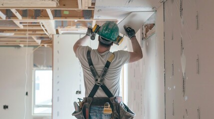 Close up shot of a worker attaching drywall to a ceiling