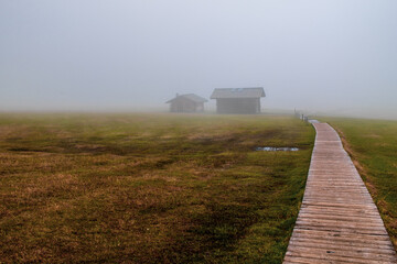 Fog on the Seiser Alm in the Dolomites in South Tyrol, Italy.