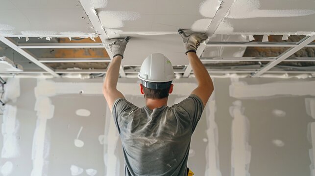 Close up shot of a worker attaching drywall to a ceiling