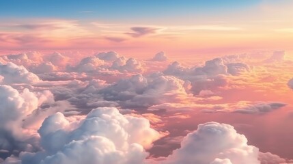 Beautiful aerial view above clouds at sunset. Flying above clouds