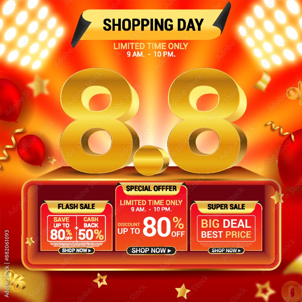 Wall mural 8.8 Shopping Day Banner Template design special offer discount. Special Sale banner template. 8.8 3D Mega sale banner template design for web or social media. Eps10 vector illustration