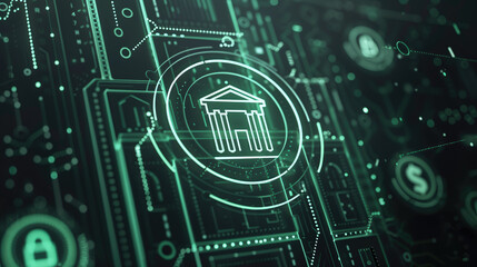 Digital banking, online payment, and financial technology concept with government bank icon on circuit board